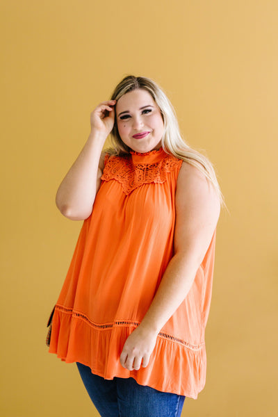 Victoria Lace Mock Neck Top In Orange