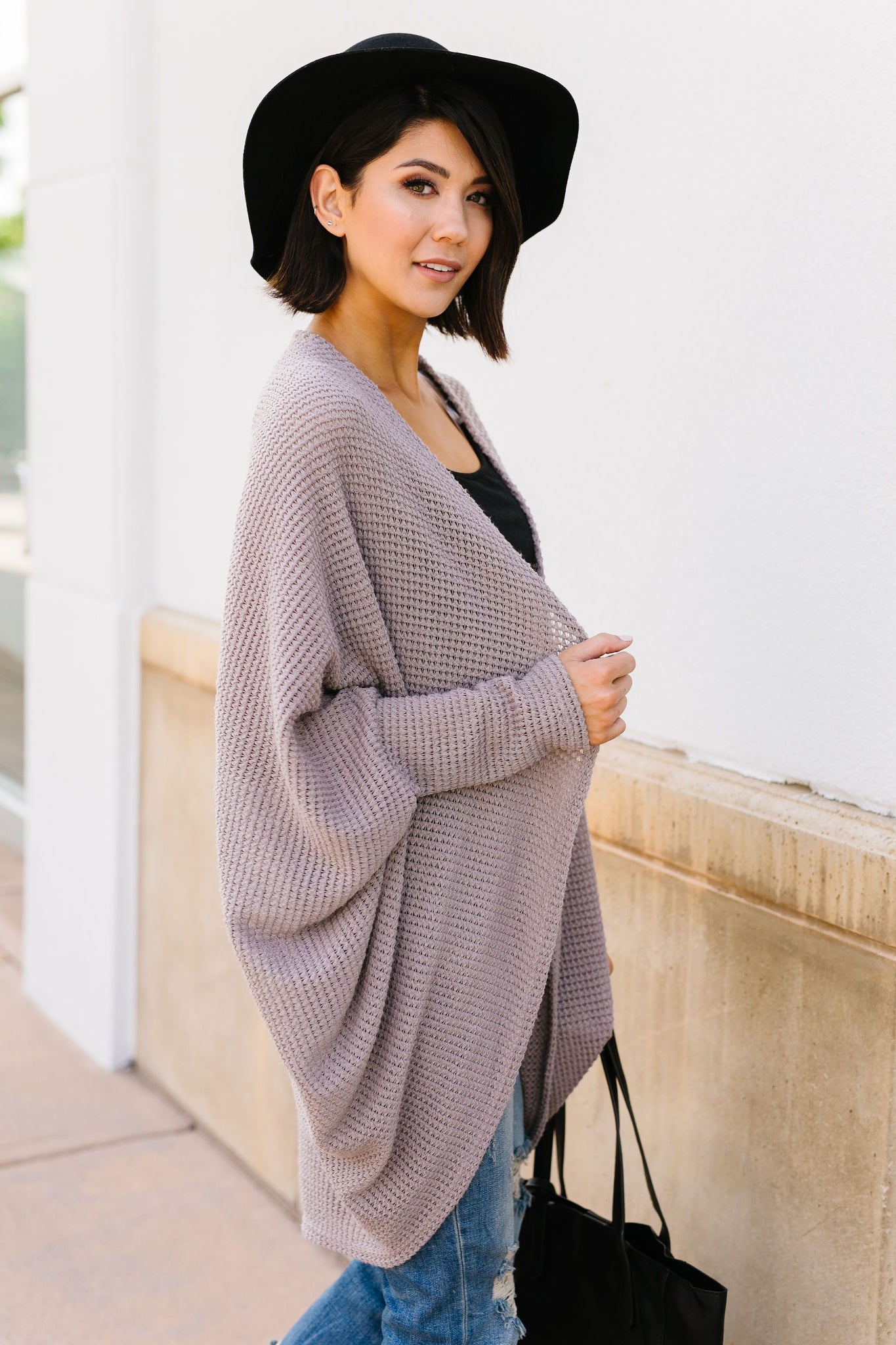 Waffle Knit Slouchy Cardi In Taupe