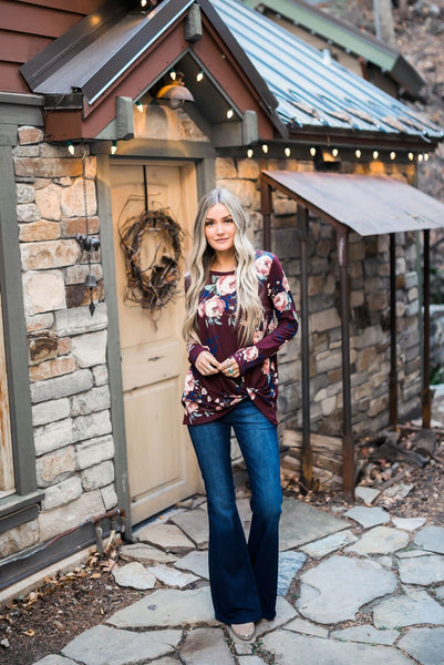 Wine Floral Knotted Top