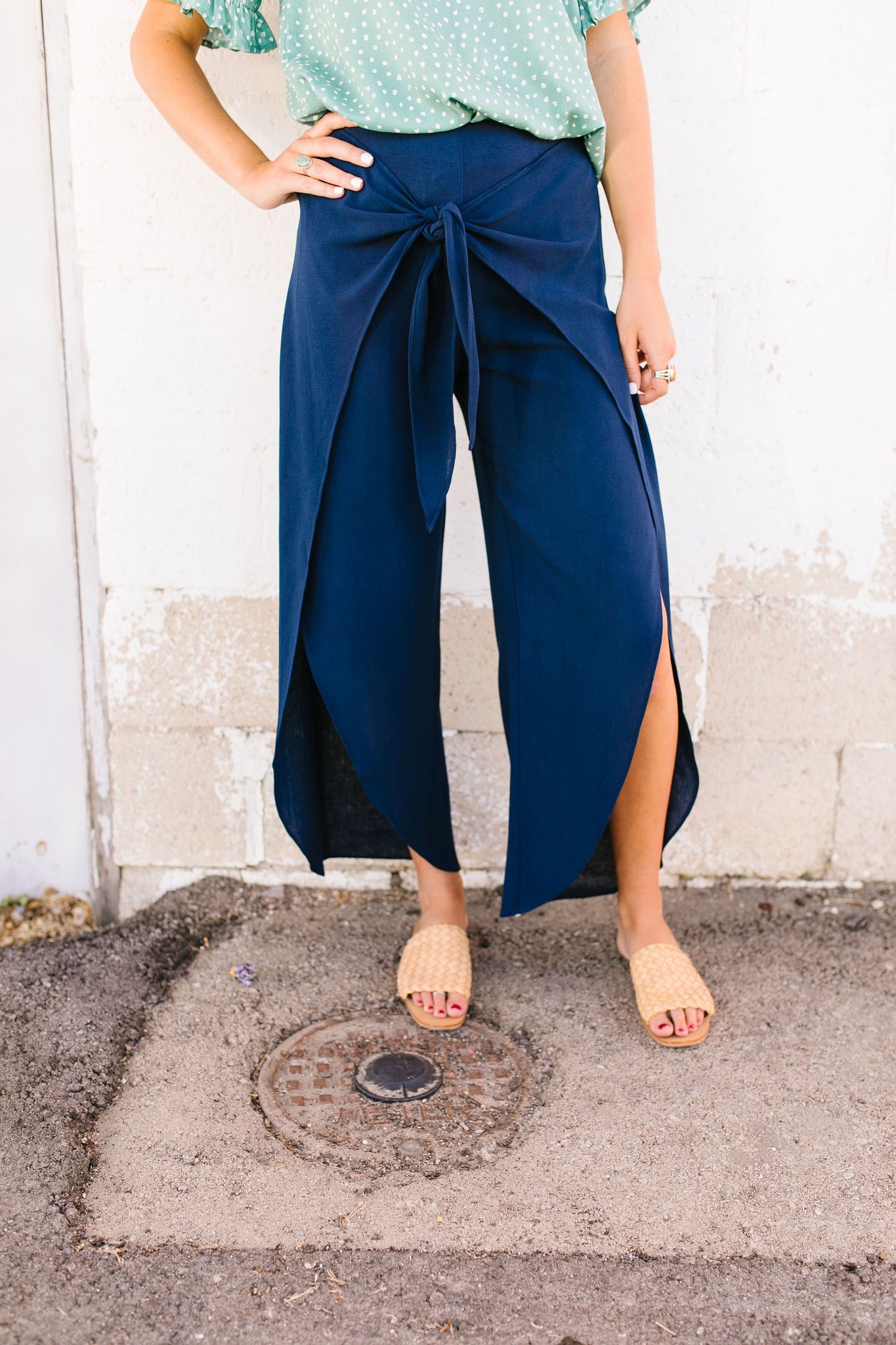 Wrap Fall Up Tie Front Pants In Navy